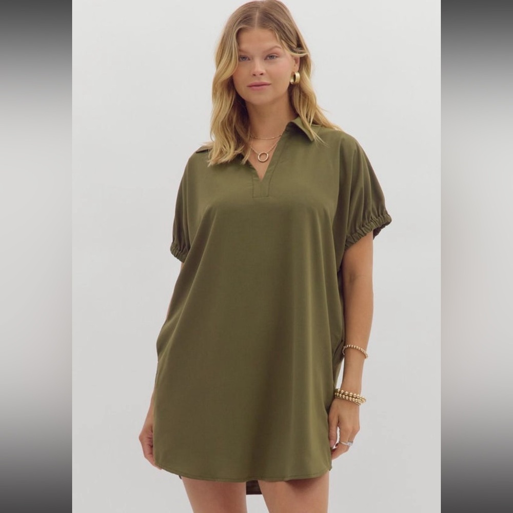 NWT ENTRO OLIVE GREEN DRESS  DAY SHIRT DRESS WORK WEAR SIZE MEDIUM FALL PICTURES